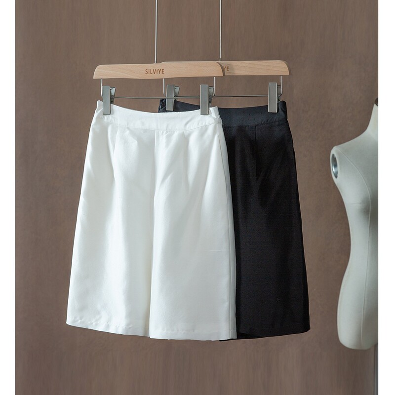 Silk Crepe De Chine Women's Elegant White Bermuda Shorts, 100% Mulberry Silk French-Style Pants