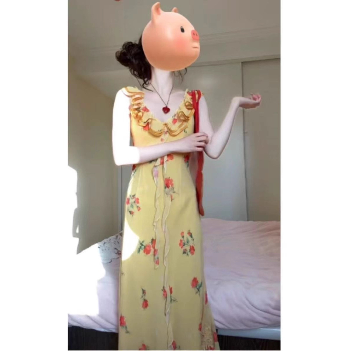 Yellow Lotus Leaf Beautiful Floral Suspender Dress Women's Summer Vacation French Summer Temperament Beach Fishtail Dress_ecoleips.com