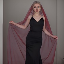 优拉潘 V221 烫金酒红色头纱 个性婚礼新娘头纱 舞台表演配饰头纱