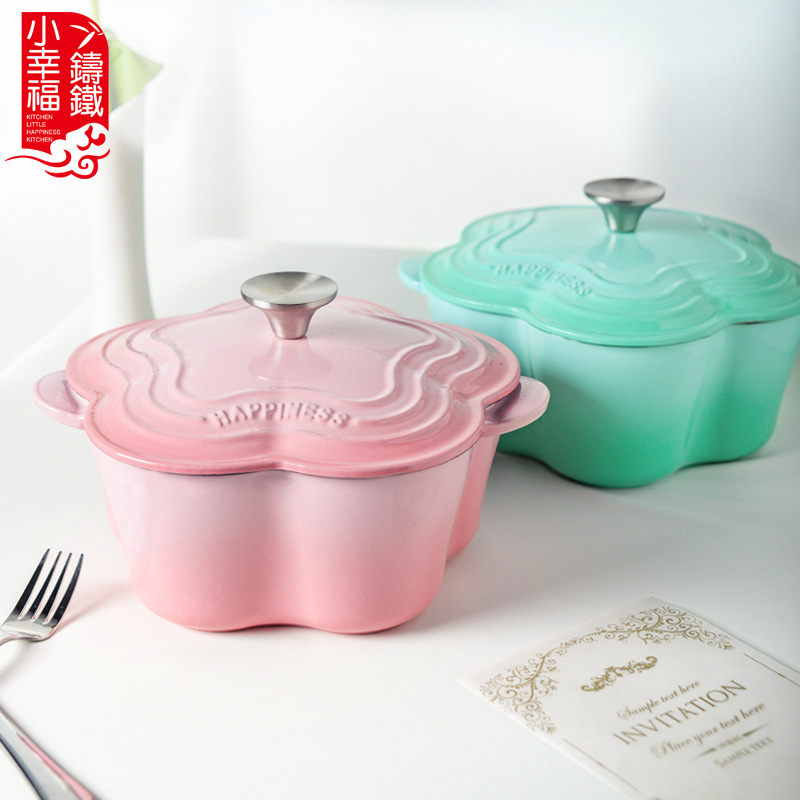 Pequeña Felicidad olla de esmalte de hierro fundido olla de sopa de pétalos esmalte engrosado olla de guiso pequeña olla de sopa doméstica olla antiadherente Cocina de Inducción