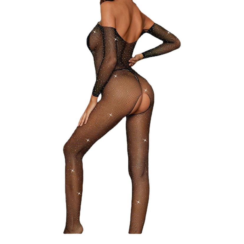 Lencería sexy Benqian, body de estilo europeo y americano con pedrería, tentación uniforme, lencería sexy de manga larga con entrepierna abierta T1001 image 1