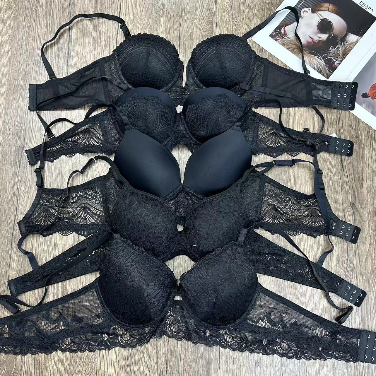 Exportación con anillo de acero nuevo encaje de moda brillante mezcla de sujetador negro transpirable ropa interior clásica al por mayor image 1