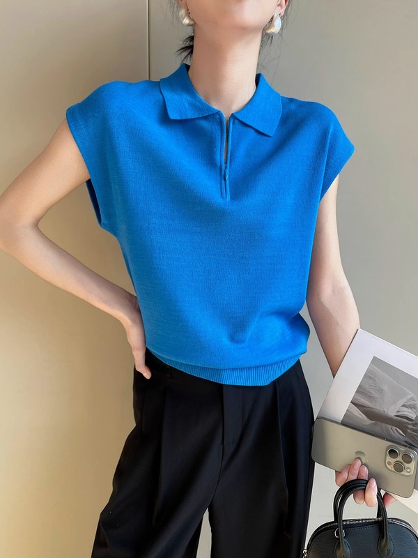PINKEEN蓝色polo领针织短袖女夏季2025新清爽老钱风百搭套头上衣|undefined