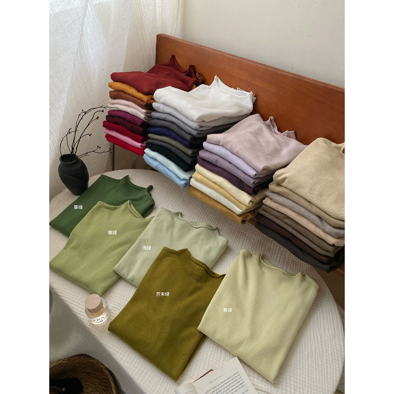 Basic Soft Glutinous Rice Rolled Edge Long-Sleeved Solid Color Knitwear for Women in Autumn and Winter with Mid-Collar Inner Layering Shirt and Layered Top Basic Soft Glutinous Rice Rolled Edge Long-Sleeved Solid Color Knitwear for Women in Autumn and Winter with Mid-Collar Inner Layering Shirt and Layered Top