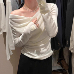 早秋白色立体花朵荡领露肩羊毛针织衫女春秋冬羊绒内搭打底衫上衣