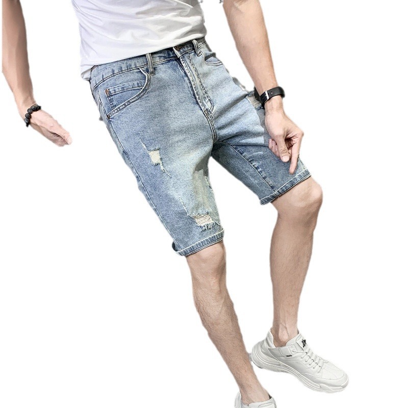 Jean déchiré tendance personnalité short d'été décontracté mince homme court bleu clair pantalon mi-long_voghion.com
