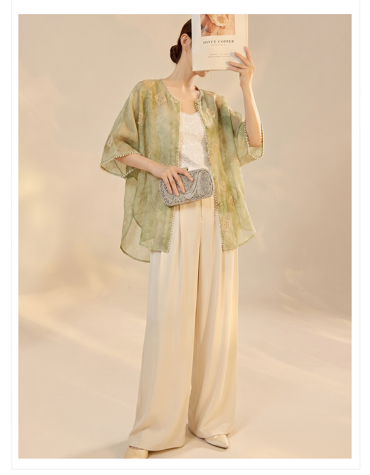 Áo cardigan mùa hè mỏng nhẹ thoáng khí, họa tiết in chống nắng đính cườm, dáng rộng — Xanh da trờicolor, Thái Đường chi tiết 20