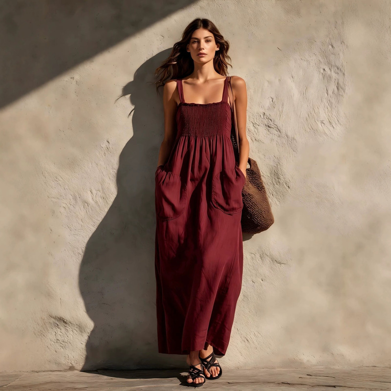 2026 New Summer Style Olive Green Cotton and Linen Suspender Dress for Women, Loose and Slimming Resort-Style Long Dress 2026 New Summer Style Olive Green Cotton and Linen Suspender Dress for Women, Loose and Slimming Resort-Style Long Dress
