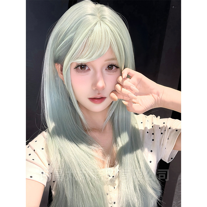 Marubeno Wig New Women's Daily Cyber Celebrity Green Long Straight Hair Natural Realistic Full Top Headgear