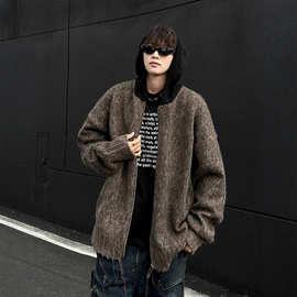 美拉德棕色连帽开衫毛衣男秋冬季cleanfit宽松慵懒风拉链针织外套