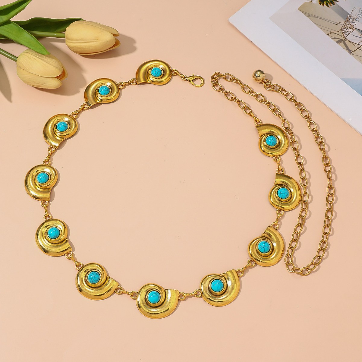 Cadena para la cintura, cadena corporal, joyería europea y americana transfronteriza, cadena de ombligo de metal Siemia, cinturón de concha turquesa de moda para mujer, cintura_voghion.com