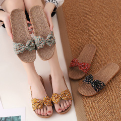 Summer Lady Bow Slippers for Women, Summer Indoor and Outdoor Non-Slip Fashion Linen Home Princess Style Home Use Four Seasons
