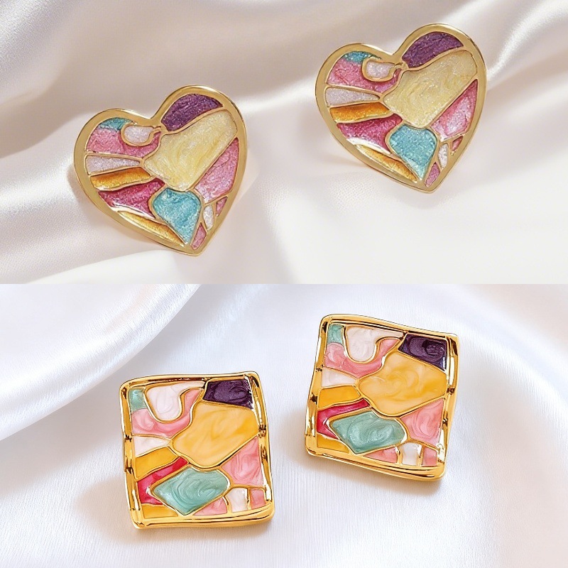 法式复古心形彩色珐琅滴釉耳环女2025新款潮小众百搭气质耳钉耳饰