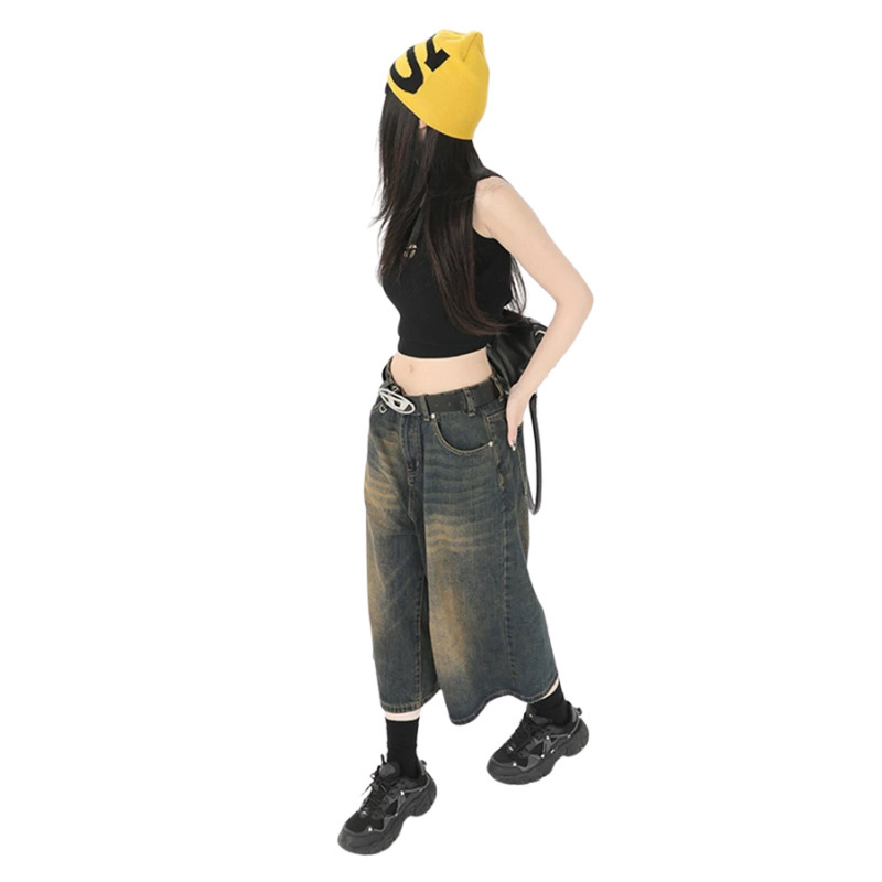 Denim Factory Customized Oem/Odm American Retro Summer Thin Loose Distressed Lazy Wide Leg Denim Cropped Pants
