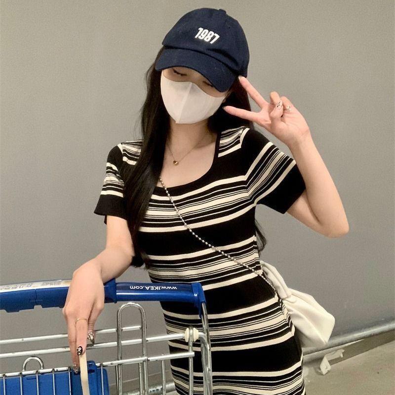 Plus size casual retro striped dress summer short-sleeved knitted skirt loose mm slimming ice silk dress sweater