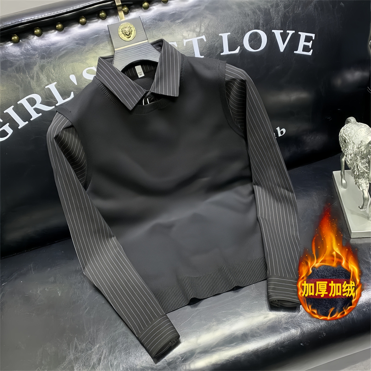 Men's Top Autumn and Winter Stitching Shirt Collar Knitwear Men's Sweater 2023 Fake Two-piece Business Casual Stripe