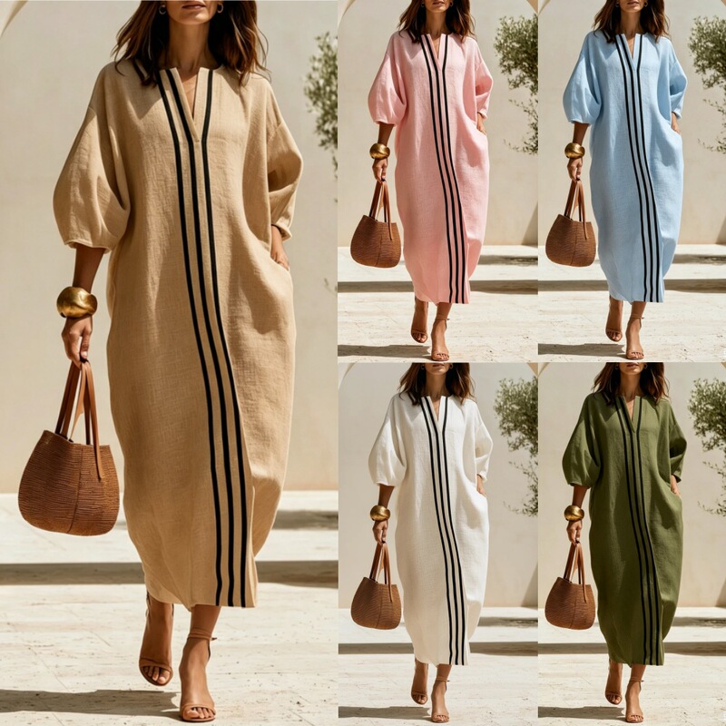 2026 European and American Cross-Border Foreign Trade Independent Website New Fashion Loose Cotton and Linen Shirt Dress Vacation Style