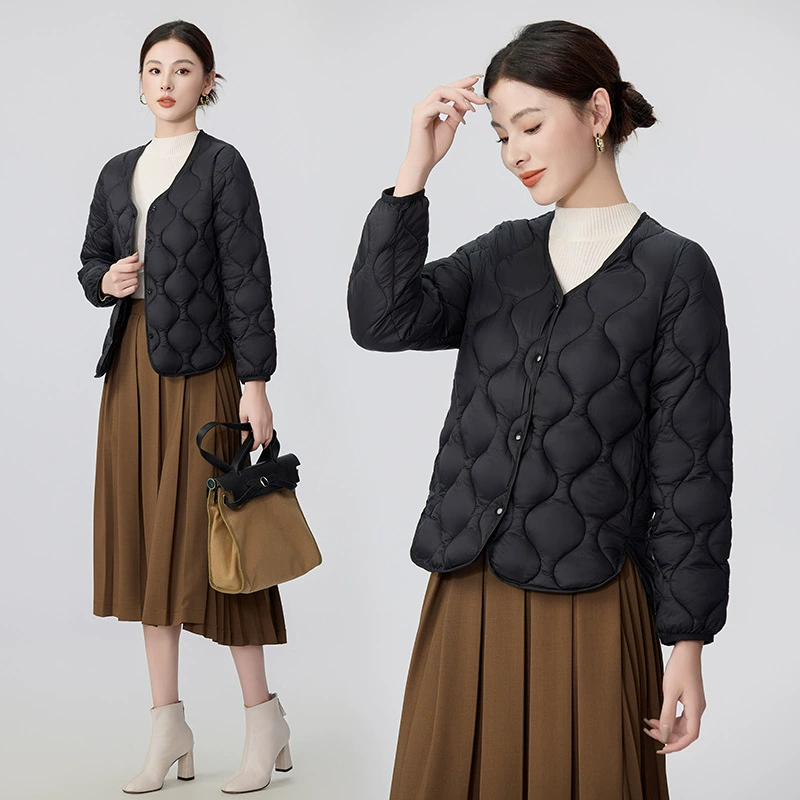 Пуховая хлопчатобумажная одежда женская 2024 новая зимняя легкая маленькая хлопчатобумажная куртка короткая без воротника тонкая и теплая хлопчатобумажная куртка