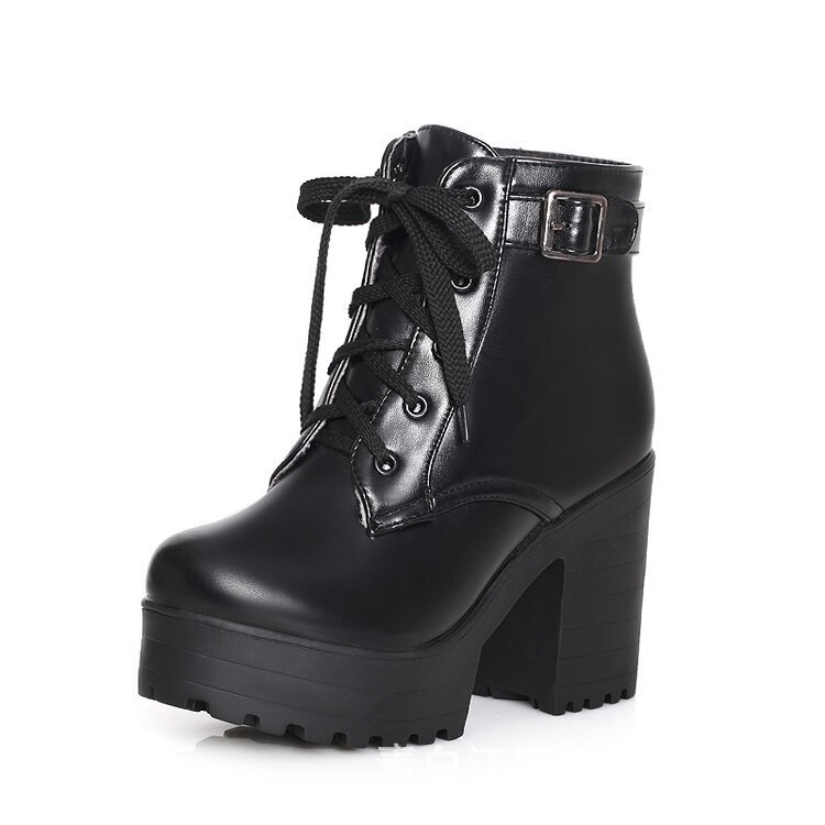 2025 Autumn Thick-Soled Platform Chunky Heel Short Boots for Women, Large Size, Chunky High Heel, Korean Style, Export Lace-Up, Hot-Selling, Thick-Soled Height-Increasing