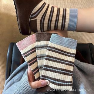 Women's Mid-Calf Socks, All-Season Striped Versatile Slouch Socks, Trendy Ins-Style Sports Casual Long Socks for Women