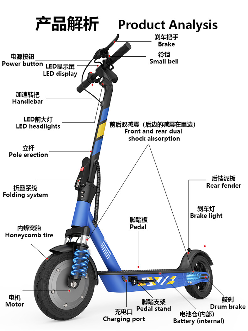 Overseas warehouse delivery of lightweight foldable electric scooters, cross-border electric scooters with honeycomb solid tires