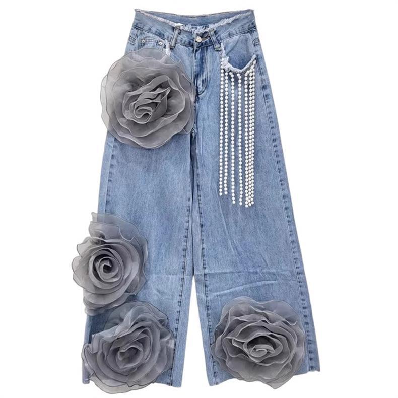 Y2K Women's Wide Leg Jeans, 3D Gray Rose Appliqué & Pearl Tassel, High Waist Baggy Denim Trousers For Casual & Night Out_ecoleips.com