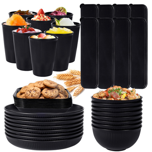 Cross-border Amazon Black Wheat Straw 8-Person Set Bowls Plates Cups Tableware Forks Spoons Portable Cutlery Outdoor Set