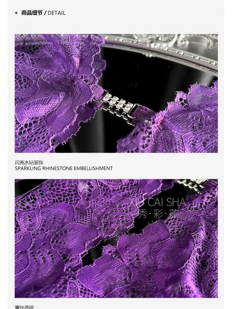 Plus Size Lace One-Piece Lingerie, Sheer Purple Bodysuit with Black Stockings — detail image 7