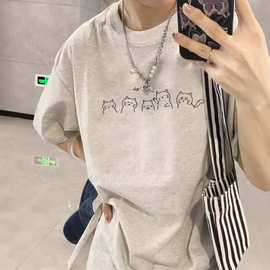 短袖t恤女2026夏季新款美式小猫半袖复古设计感小众上衣纯棉宽松T