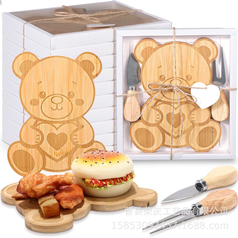 Wooden Cartoon Tray in the Shape of a Bear and Baby Bottle, Cheese Board with Knife and Fork, Cutting Board, Baby Shower Party Gift