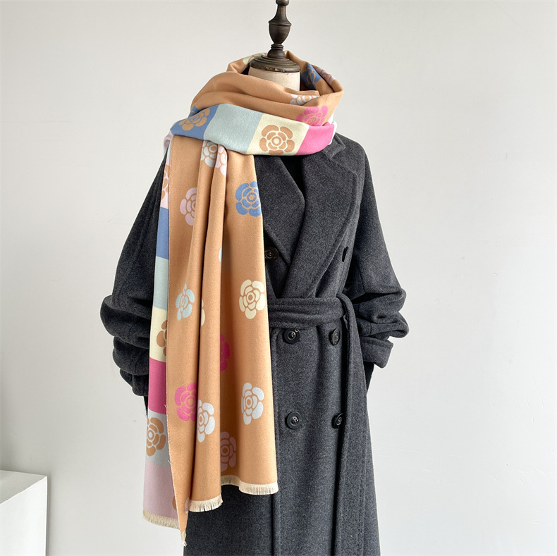 Camelia colorata per il lusso invernale femminile, dolce profumata in inverno, scialle spesso e caldo, sciarpa invecchiata_voghion.com