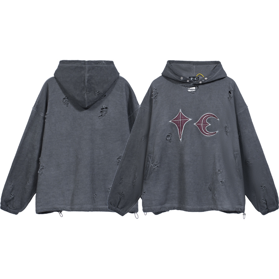 Desmontado Thug Club pu Jai fan mismo estilo pesado dañado lavado de cuero bordado hombres suéter con capucha moda