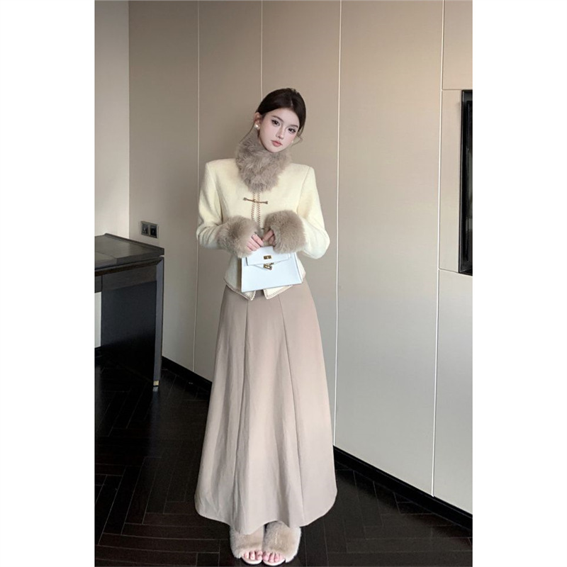 复古新中式国风毛领盘扣收腰外套上衣秋冬套装高腰长裙显瘦半身裙