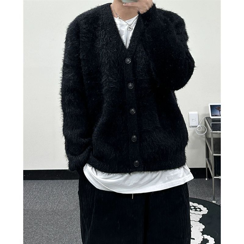 American Style Retro V-neck Sweater Coat Men's Lazy Style High-end cleanfit Knitted Cardigan for Couple