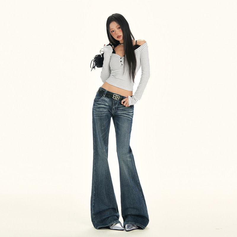 Yechuan # Retro Blue Low-Waisted Bootcut Jeans for Women 2026 Spring New Versatile Slim Fit Stretch Flared Pants Yechuan # Retro Blue Low-Waisted Bootcut Jeans for Women 2026 Spring New Versatile Slim Fit Stretch Flared Pants
