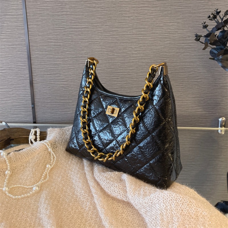 Túi tote nữ da thật kiểu tweed đeo chéo dây xích chần bông — Màu đen, Đỏ Ancora, Cà phê Mocha, Màu nâu