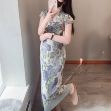 孕妇装春夏新款短袖新中式印花褶皱中长款孕妇旗袍连衣裙开叉裙子