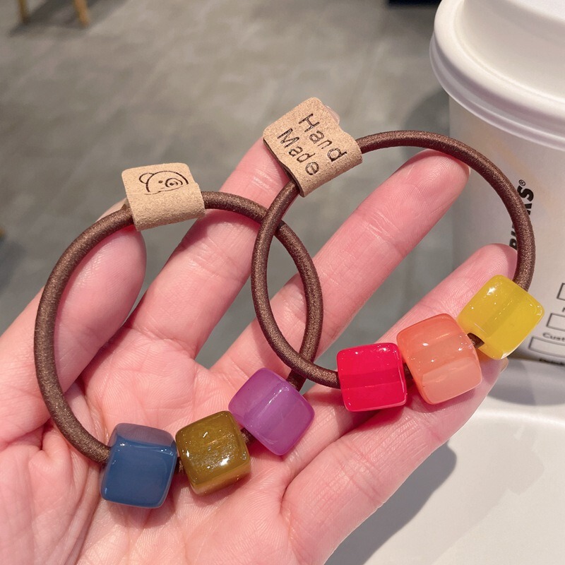 Jelly Color Acrylic Square Beaded Hair Rope Small Fresh Contrast Color High Elastic Rubber Tendon Ponytail Tie Sweet Hair Ring Headwear Jelly Color Acrylic Square Beaded Hair Rope Small Fresh Contrast Color High Elastic Rubber Tendon Ponytail Tie Sweet Hair Ring Headwear