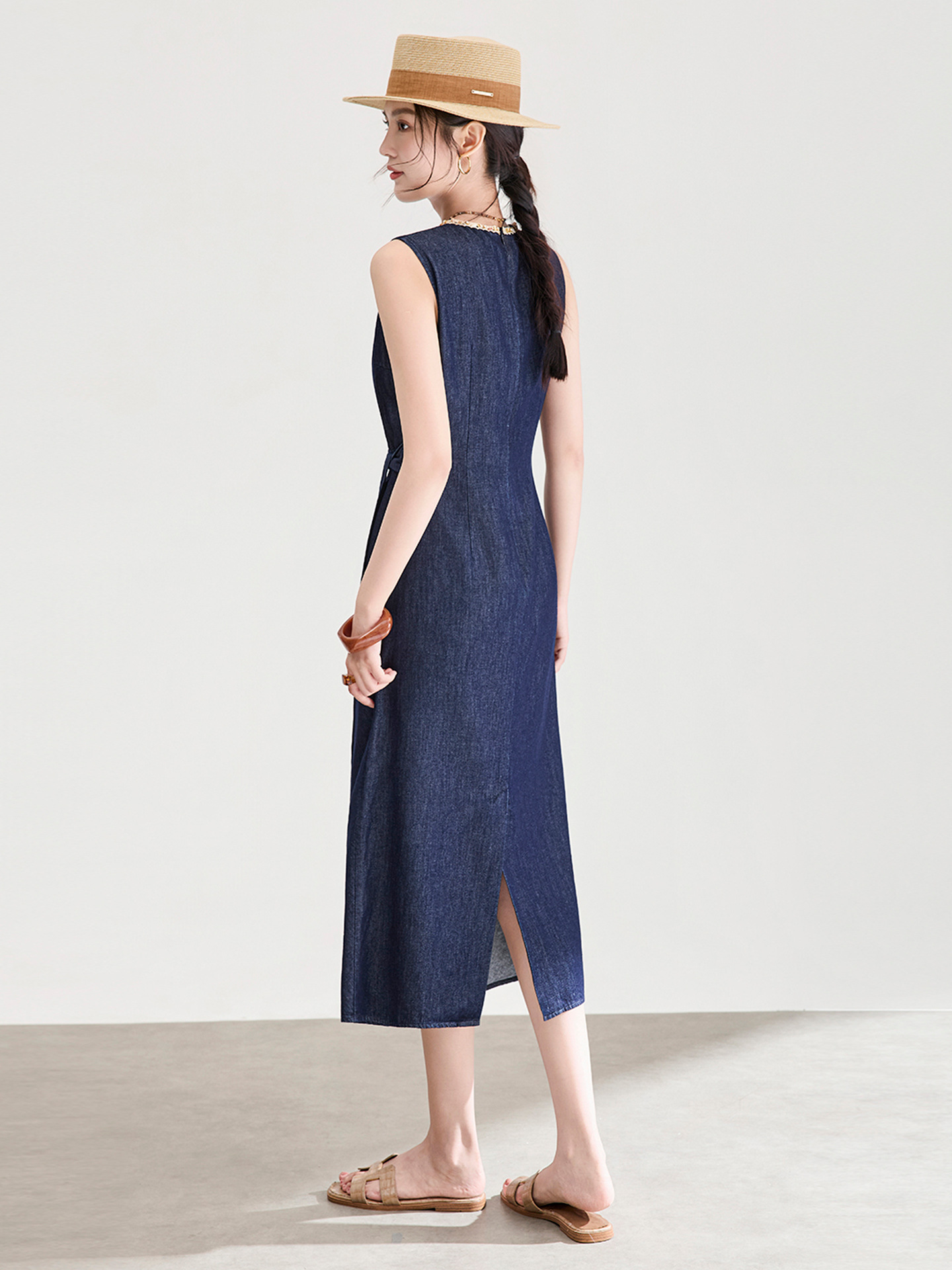 Đầm maxi nữ thiết kế nhăn tay sen cổ tròn chất liệu cotton phối sợi tơ — xanh lam