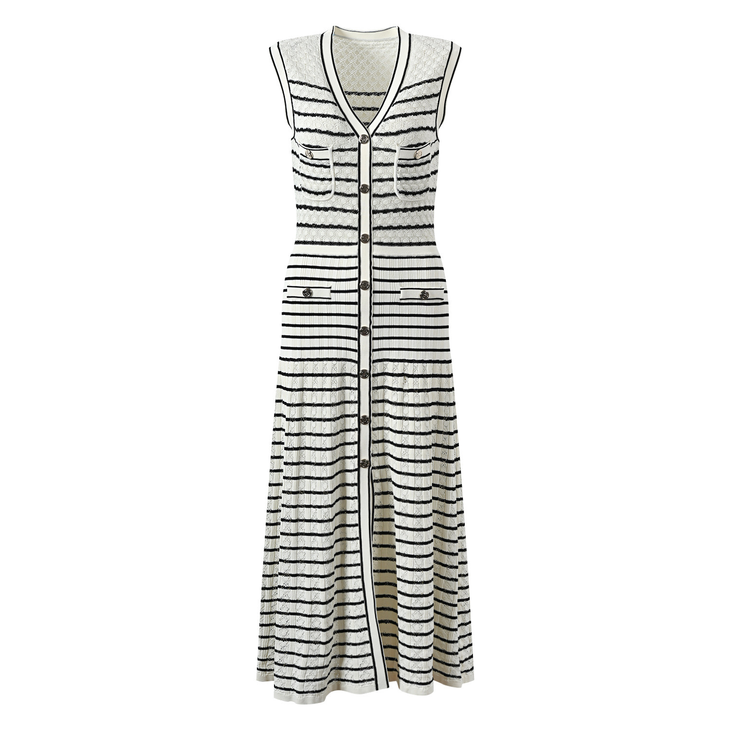 Women's Clothing Spring Summer Women's Sleeveless Long Knit Dress French Style Openwork Color Block Striped V Neck Elegant Bestseller_ecoleips.com