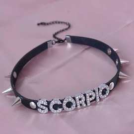 随变欧美个性暗黑朋克风字母镶钻SCORPIO尖钉皮项圈 夜店项圈饰品