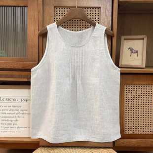 2025 Summer Versatile Striped Cotton Linen Camisole for Women Spring Summer Round Neck Pullover Pleated Rain Dew Linen Vest