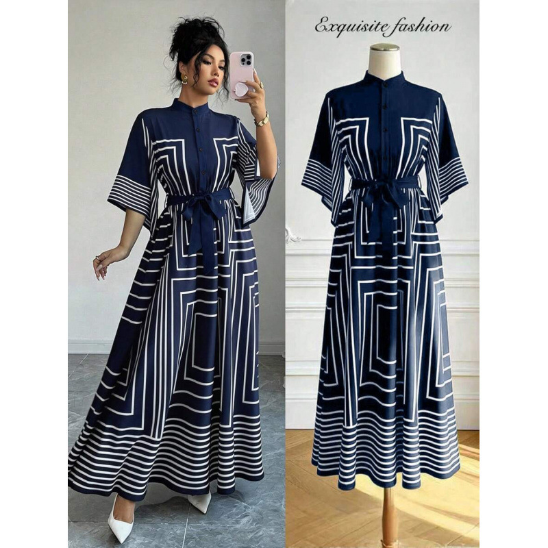 Cross-Border Amazon Europe and America 2026 French Geometric Pattern Asymmetrical Elegant Waist-Cinching A-Line Long Dress for Women Cross-Border Amazon Europe and America 2026 French Geometric Pattern Asymmetrical Elegant Waist-Cinching A-Line Long Dress for Women