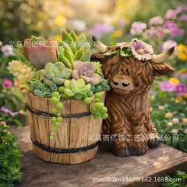 跨境新款Adorable Highland Cow Succulents带桶高地牛花园摆件