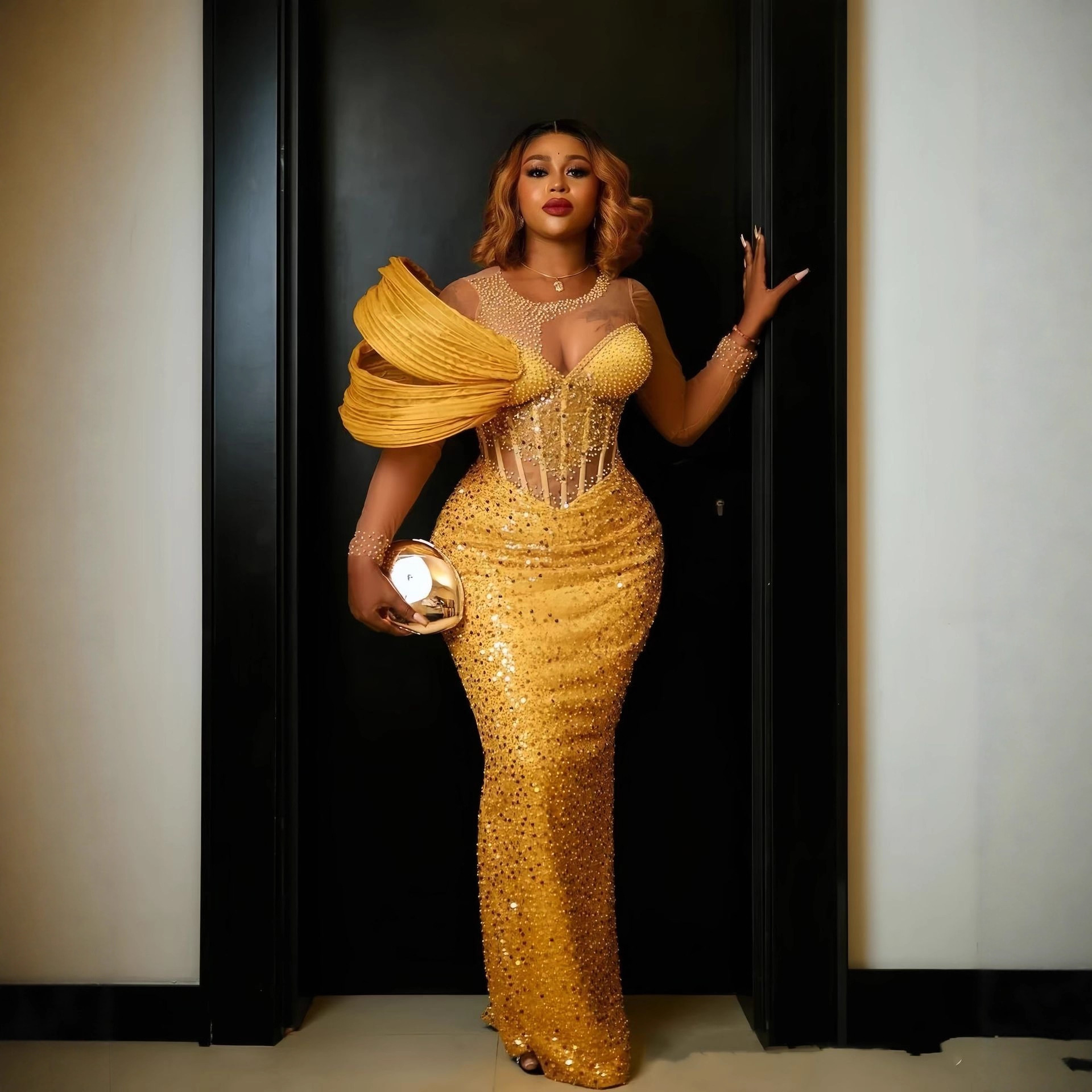 New Golden Evening Dress European and American Fishtail Bead Embroidery Stereo Shape Personalized Fashion Niche Banquet Unique Dress Skirt