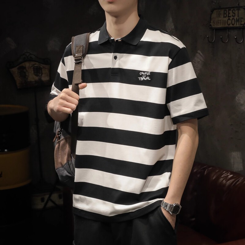 American Style Black and White Striped Short-sleeved T-shirt POLO Shirt Men's 2025 New Lar Loose Men's Summer T-shirt Trendy