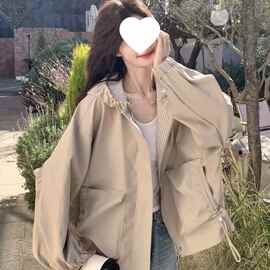 欧货连帽休闲外套女2026早春新款时尚慵懒风宽松大口袋长袖风衣潮