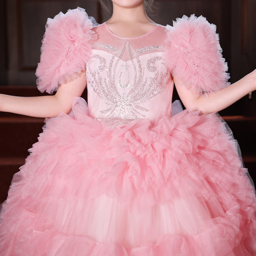 Pink Western-style children's piano performance costume with train, flower child princess dress model fashion show gown for girls, winter