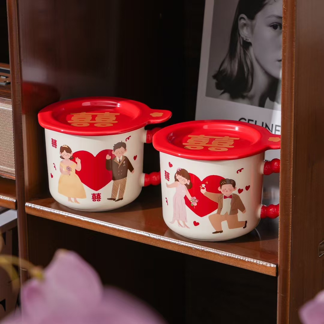 Taza de cerámica china para bebidas de boda creativa con taza de café casera con tapa