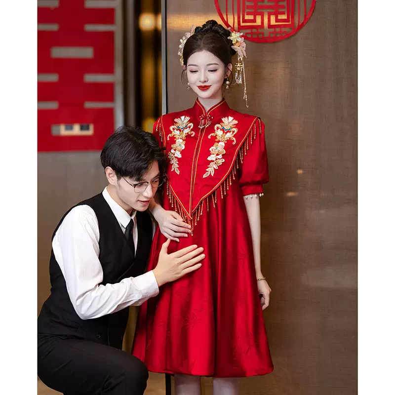 敬酒服新娘2025新款新中式旗袍孕妇胖mm大码遮肚订婚结婚礼服裙女